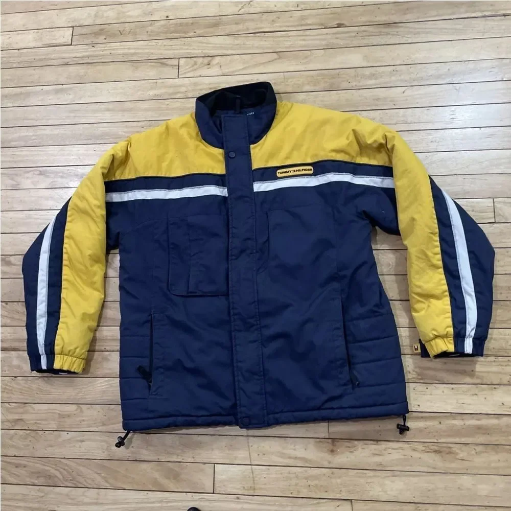 TOMMY HILFIGER Y2k Puffer Jacket Men XL Vintage Yellow Blue Heavy Snow Gorpcore